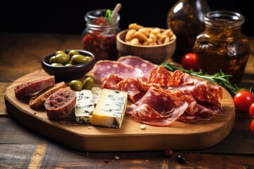 Tapas on the wooden board and ingredients. - obrazy, fototapety, plakaty