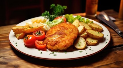 Schnitzel with potatoes and vegetables.