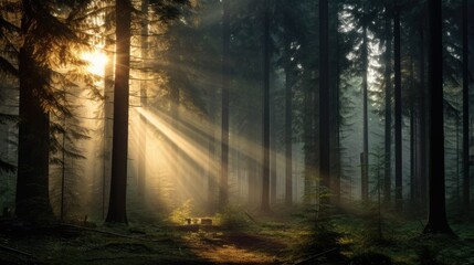 Fototapeta premium Natural forest of spruce trees, sunbeams through fog create mystic atmosphere.