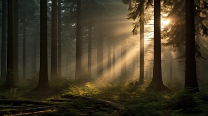 Obraz premium Natural forest of spruce trees, sunbeams through fog create mystic atmosphere.
