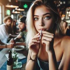 Young woman smoking joint in a Cannabis Social Club. Guest or member of a CSC. Coffeeshop. Cannabis dispensary. Marijuana. Weed. Ganja. Legalization. Lighting up. Amsterdam. Generative AI - obrazy, fototapety, plakaty