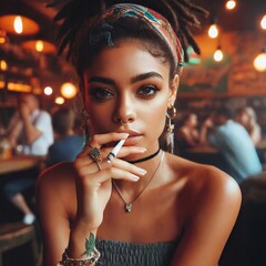 Young woman smoking joint in a Cannabis Social Club. Guest or member of a CSC. Coffeeshop. Cannabis dispensary. Marijuana. Weed. Ganja. Legalization. Lighting up. Amsterdam. Generative AI
 - obrazy, fototapety, plakaty