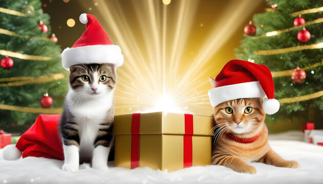 cat wearing santa hat with a big shinning gift opening with rays of magic coming out from it looking into it created with generative ai	