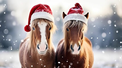 Image of horses dressed in Christmas Santa hats.