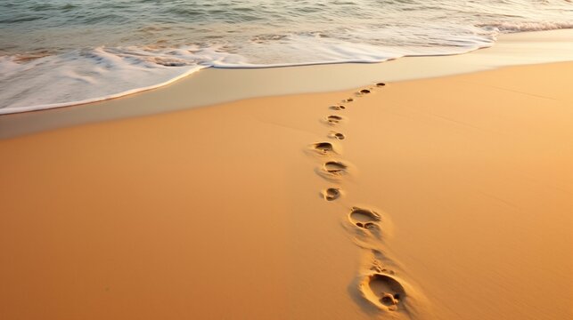 Image of footprints on the soft sand by the sea.