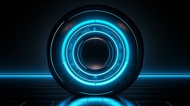 Image of futuristic neon blue geometric circle radiates a vibrant glow.