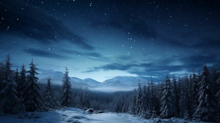 Fototapeta na wymiar Image of nighttime view of a snowy forest and majestic mountains.
