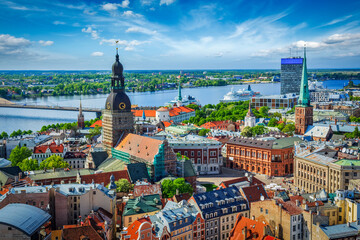 Aerial view of Riga center from St. Peter's Church, Riga, Latvia - obrazy, fototapety, plakaty
