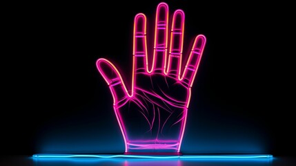Naklejka premium Neon frame boldly outlines the silhouette of a hand against a dark background.