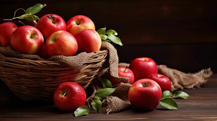 Ripe apples arranged in a wooden basket on a rustic table.