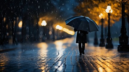 Person walking under the protection of a rain umbrella.