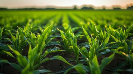 Rows of young corn plants thriving on a vast field.