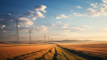 Rural landscape, a straight row of towering high voltage pylons. - obrazy, fototapety, plakaty