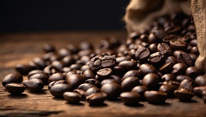 Close-up of coffee beans spilling out of a burlap sack. The grains are dark brown and shiny. The bag is made of a thick woven fabric. The background is a dark wooden surface.