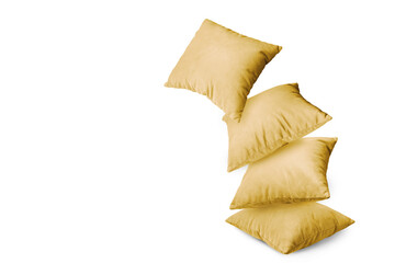 Stack of yellow pillows isolated on white, transparent background, PNG. Pile of  decorative cushions for sleeping and resting, home interior, house decor.