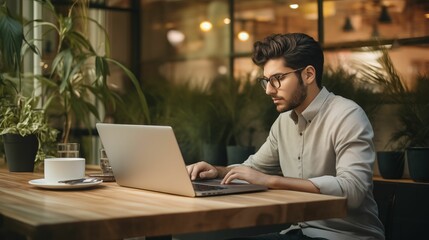 Young man immersed in his work, diligently typing on his laptop.