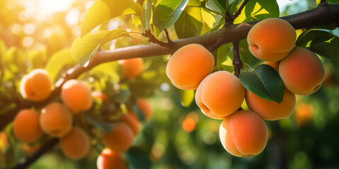 Ripe Peaches on a Peach Tree Branch in an Orchard. Close-up View of Peaches Ready for Harvesting. Concept of Healthy Eating and Organic Farming.