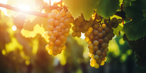 Green Ripe Grapes Hanging on Grapevine in Vineyard. Close-up View of Grapes Ready for Harvesting. Concept of Wine Production and Organic Farming. - obrazy, fototapety, plakaty
