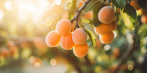 Ripe Apricots Hanging on Apricot Tree Branch in Orchard. Close-up View of Apricots Ready for Harvesting. Concept of Healthy Eating and Organic Farming. - obrazy, fototapety, plakaty