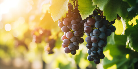 Black Ripe Grapes Hanging on Grapevine in Vineyard. Close-up View of Grapes Ready for Harvesting....