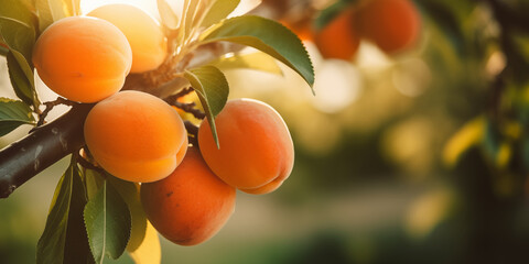 Ripe Peaches on a Peach Tree Branch in an Orchard. Close-up View of Peaches Ready for Harvesting. Concept of Healthy Eating and Organic Farming.