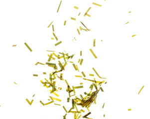 Golden Confetti Foil fall splashing in air. Gold Confetti Foil explosion flying, abstract cloud fly. Many Party glitter scatter in many group. White background isolated high speed shutter freeze