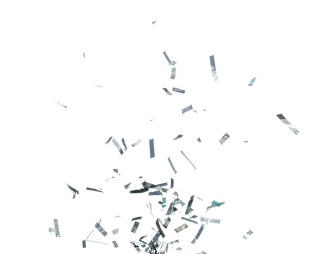 Silver Confetti Foil fall splashing in air. Silver Confetti Foil explosion flying, abstract cloud fly. Many Party glitter scatter in many group. White background isolated high speed shutter freeze