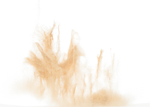 Small Fine size Sand flying explosion, Golden grain wave explode. Abstract cloud fly. Yellow colored sand splash throwing in Air. White background Isolated high speed shutter, throwing freeze stop