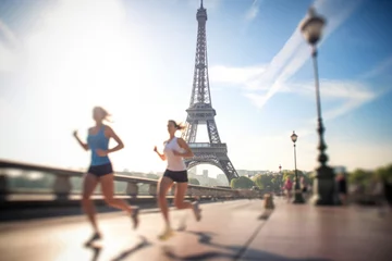 Foto op Plexiglas Motion blur of athletes as they run past the Eiffel Tower in Paris, France during a sports race © ink drop