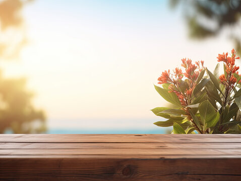 tropical summer beach with palm trees background with wooden table for product placement space