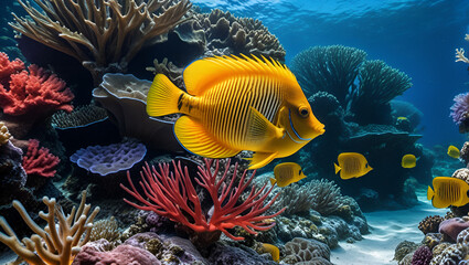 Fototapeta na wymiar fish in the coral, Underwater world in tropical ocean, Butterfly fish gracefully gliding through a coral reef, their colorful patterns catching sunlight, Generative AI