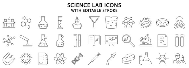 Science lab icons. Science Lab line icons. Science icon set. Laboratory icon set. Vector illustration. Editable stroke. - obrazy, fototapety, plakaty