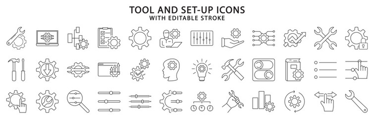 Tool setup icons. Tools setup icon set. Setup line icons. Vector illustration. Editable stroke.
