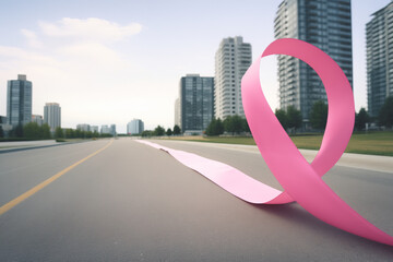 A large pink ribbon placed in the center of an empty road stretching towards the horizon, with blurred skyscrapers in the background, breast cancer awareness.copy space
