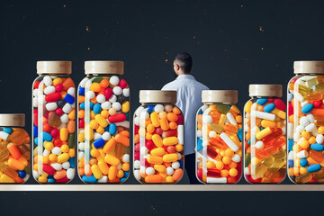 Cocept Image of large numbers of pills, tablets and medicines. Concept of drug abuse, addiction, health problems, proper medical care. - obrazy, fototapety, plakaty