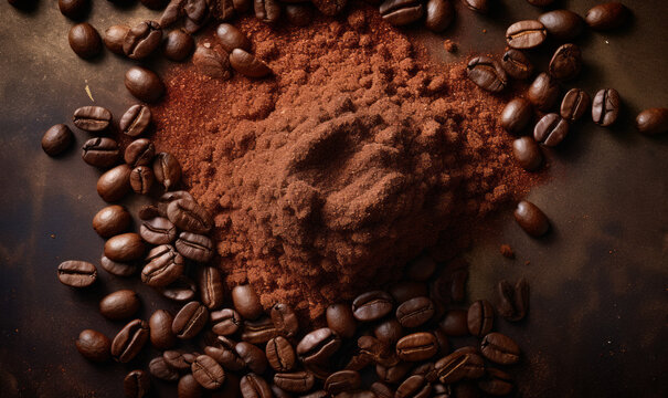 coffee pouder and beans, top view