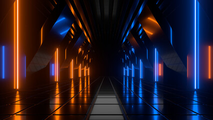 Sci Fi neon glowing lines in a dark tunnel. Reflections on the floor and ceiling. Empty background in the center. 3d rendering image. Abstract glowing lines. Technology futuristic background.