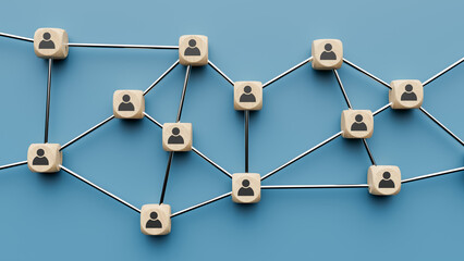 Teamwork concept background where wooden cubes of human icons are connected to each other, 3d rendering