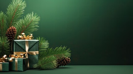 Fototapeta na wymiar Gift boxes with pine branches on green background