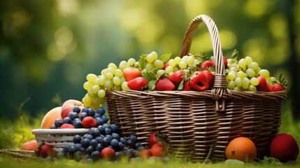 outdoor basket picnic food illustration lunch snacks, sandwiches fruits, wine drinks outdoor basket picnic food