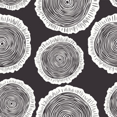 Vector Seamless Pattern with Tree Rings, Saw Cut Tree Trunk, Wood Log, Cross. Pine, Oak Slices, Lumber. Cut Timber, Wooden Texture with Tree Rings. Hand Drawn Design Element - obrazy, fototapety, plakaty