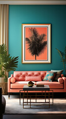 A living room exudes tropical charm with deep turquoise walls and a blank mockup frame.