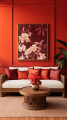 A living room exudes tropical charm with a fiery red wall and an empty mockup frame.