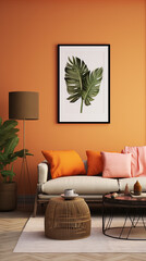 A living room, staged for tropical inspiration, features warm orange walls and an empty mockup frame.