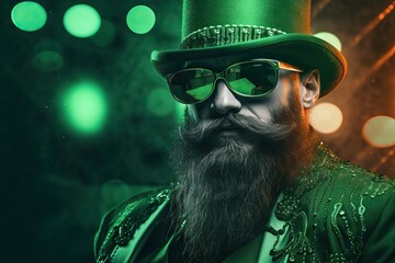 Happy guy having fun at crazy St Patrick's Day holiday party. Man wearing  leprechaun hat, green suit and sunglasses. Celebration in Ireland pub. Greeting card, banner, flyer, poster with copy space - obrazy, fototapety, plakaty