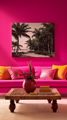 Energy radiates in a tropical-themed living room with vibrant magenta walls and a blank mockup frame.