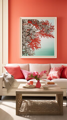 Lively coral walls seamlessly complement the tropical ambiance in a living room, highlighting an empty mockup frame.