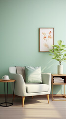 The living room becomes a tropical paradise with a refreshing mint green wall and a blank mockup frame.