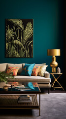 The living room's tropical ambiance is heightened by deep turquoise walls surrounding an empty mockup frame.