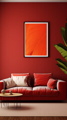 The tropical ambiance comes alive in a living room with a fiery red wall and a blank mockup frame.